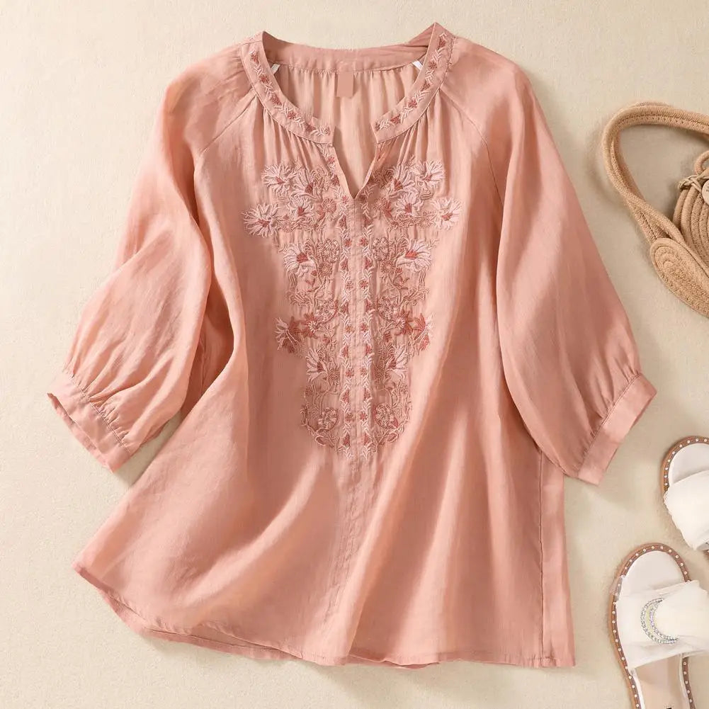 Embroidered Linen Polyster Blouse – Casual 3/4 Sleeve Women’s Top-HighTouch