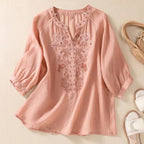 Embroidered Linen Polyster Blouse – Casual 3/4 Sleeve Women’s Top-HighTouch