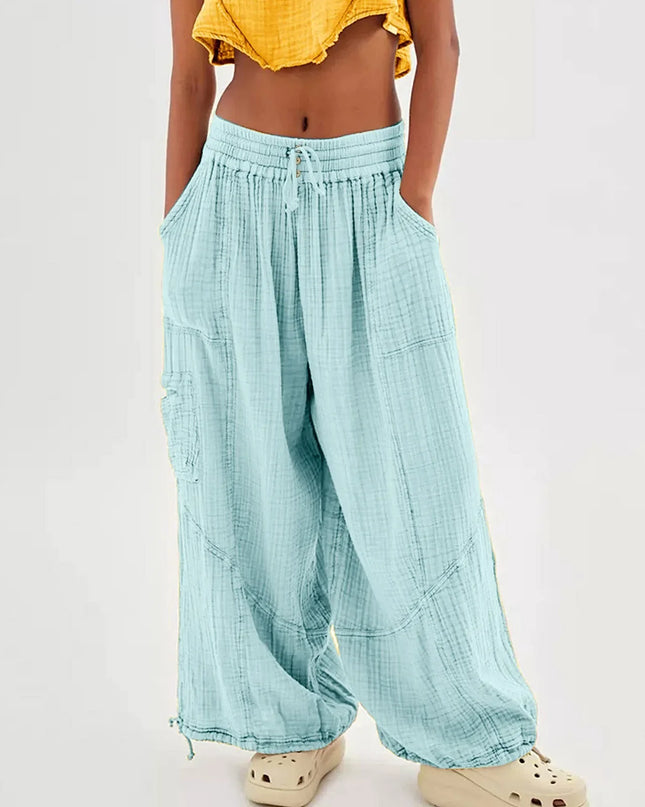 Beach Linen Wide-Leg Pants – High-Waist Palazzo Loose Harem Pants with Pockets