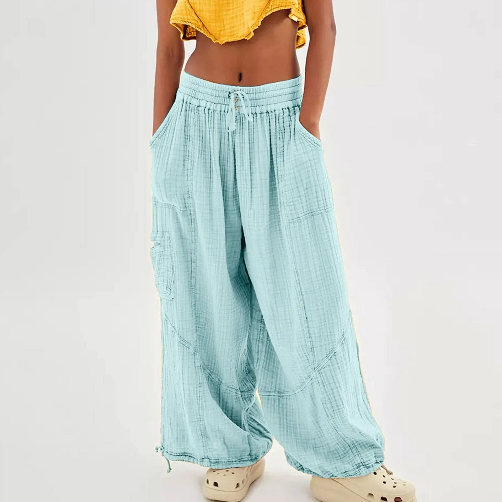 Beach Linen Wide-Leg Pants – High-Waist Palazzo Loose Harem Pants with Pockets