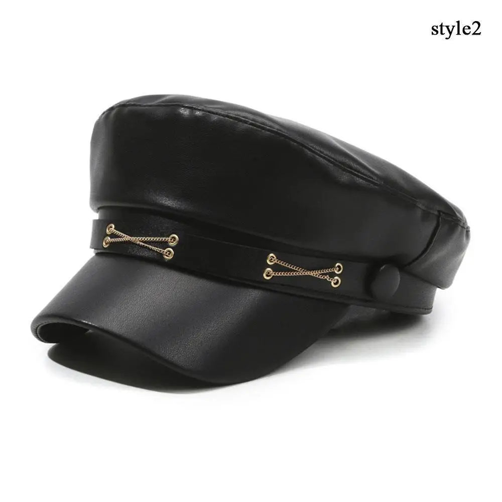PU Leather Beret Hat All Season British Visor Baker Boy Cap