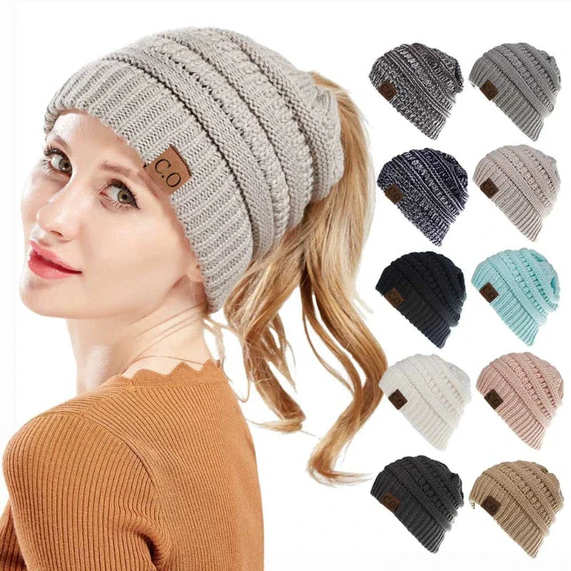 Soft Stretch Knit Messy Bun Beanie-HighTouch