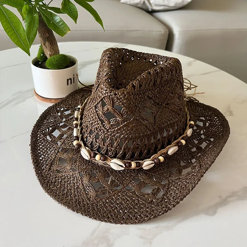 Bohemian Straw Cowboy Sun Hat – Wooden Beads