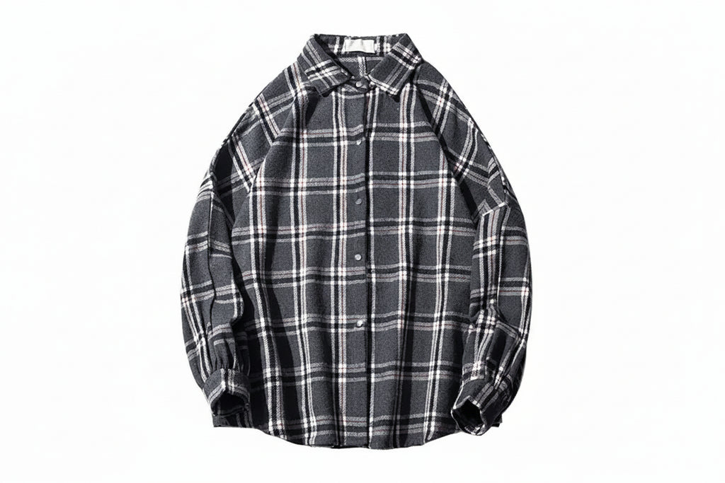 Oversized Vintage Plaid Shirt Men – Thick Long-Sleeve Streetwear Blouse-HighTouch