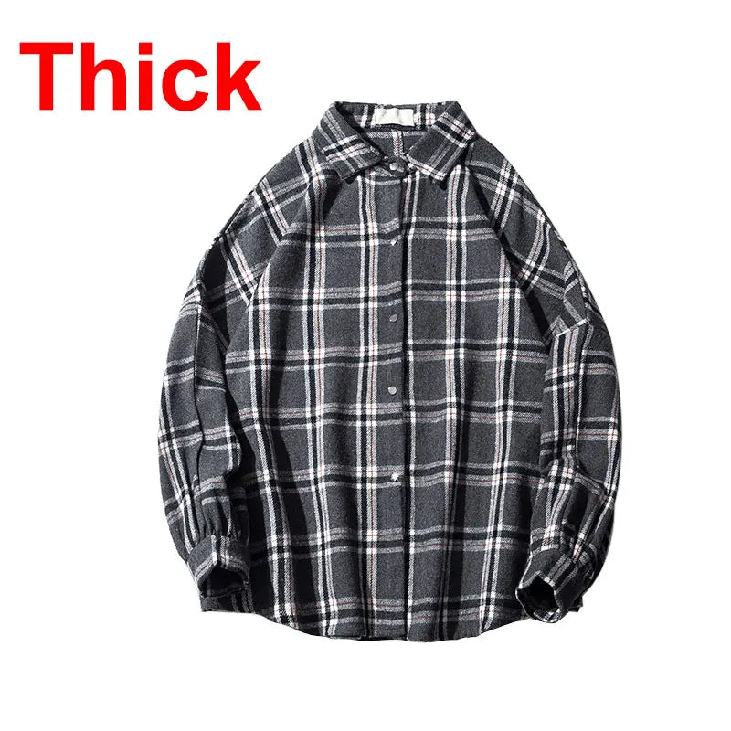Oversized Vintage Plaid Shirt Men – Thick Long-Sleeve Streetwear Blouse