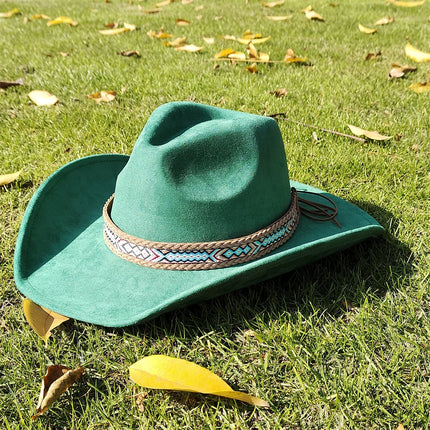 Suede Wide-Brim Western Cowboy Fedora Adjustable Fit