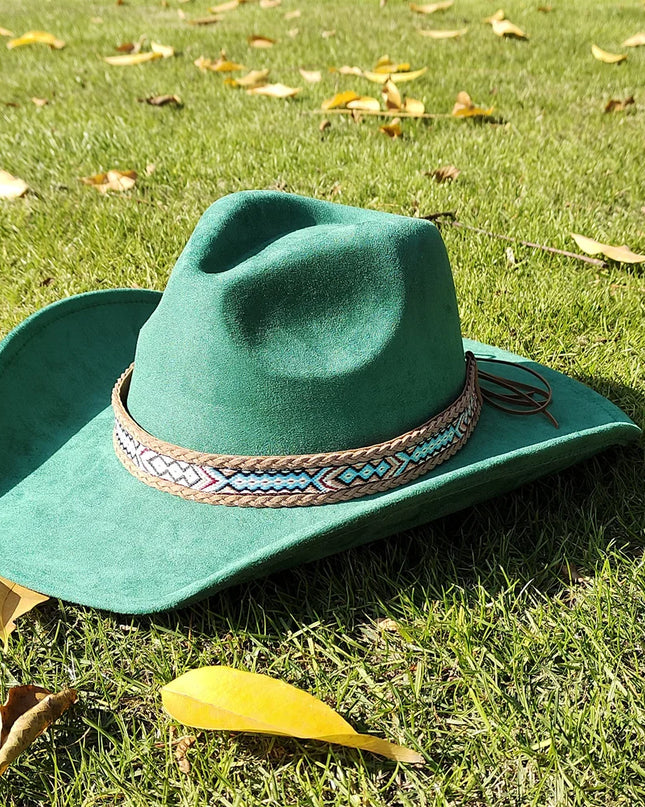 Suede Wide-Brim Western Cowboy Fedora Adjustable Fit