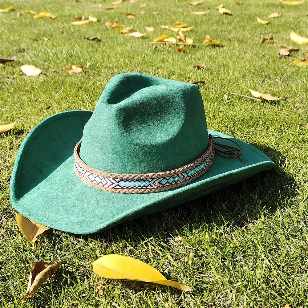 Suede Wide-Brim Western Cowboy Fedora Adjustable Fit-HighTouch