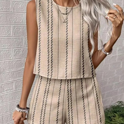 Striped Sleeveless O‑Neck Top & High‑Waist Shorts Set – Lightweight Summer Co‑Ord