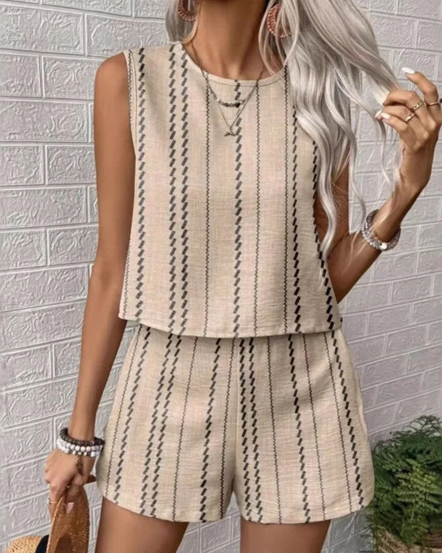 Striped Sleeveless O‑Neck Top & High‑Waist Shorts Set – Lightweight Summer Co‑Ord