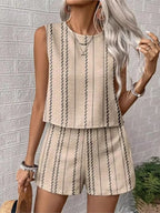 Striped Sleeveless O‑Neck Top & High‑Waist Shorts Set – Lightweight Summer Co‑Ord-HighTouch