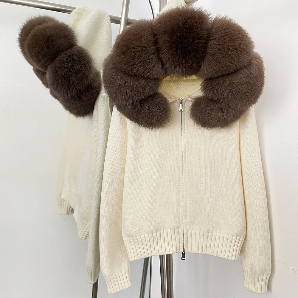 Women’s Hooded Knit Cardigan with Real Fox Fur – Casual Short Coat-HighTouch