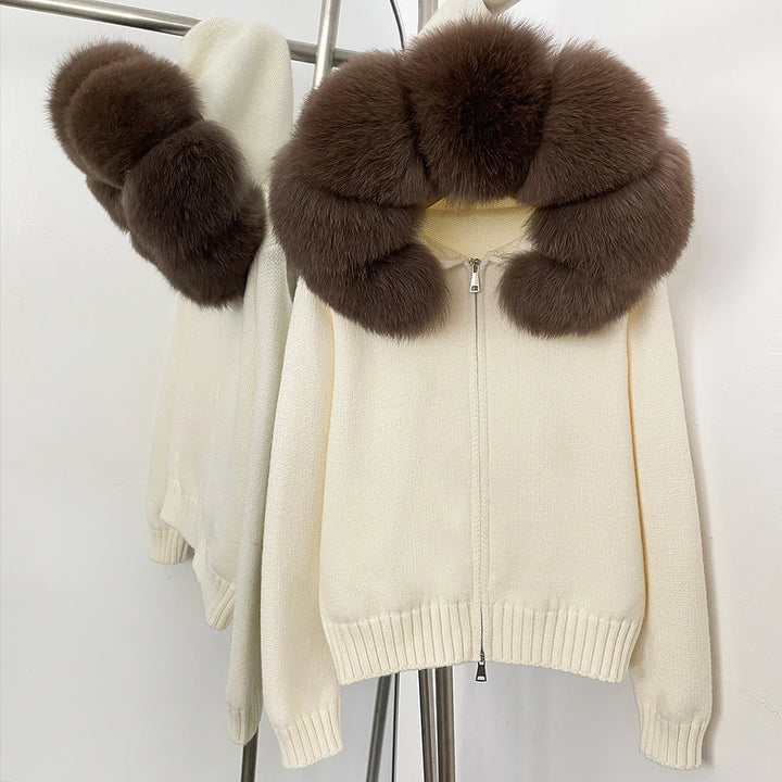Women’s Hooded Knit Cardigan with Real Fox Fur – Casual Short Coat-HighTouch