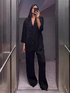 Women’s Double-Breasted Blazer & Wide-Leg Trousers Set-HighTouch