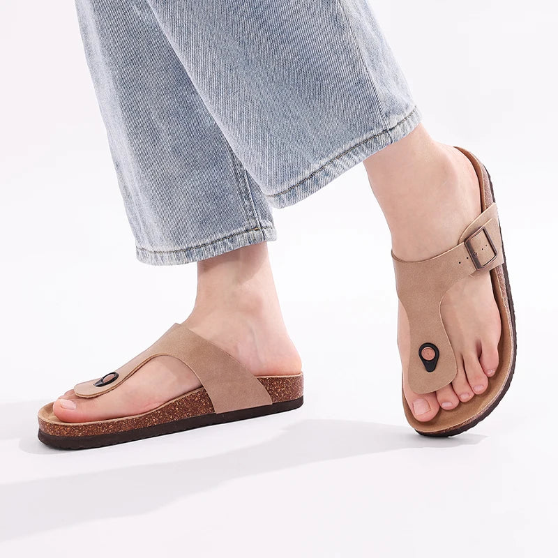 Women's Leather Cork Footbed Sandals – Adjustable Buckle Flats for All-Day Comfort