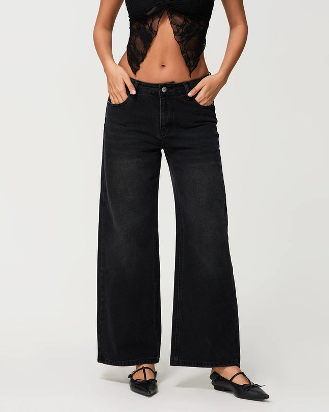 Women’s Low-Rise Wide-Leg Loose Denim Jeans – Solid Colour Spring Style