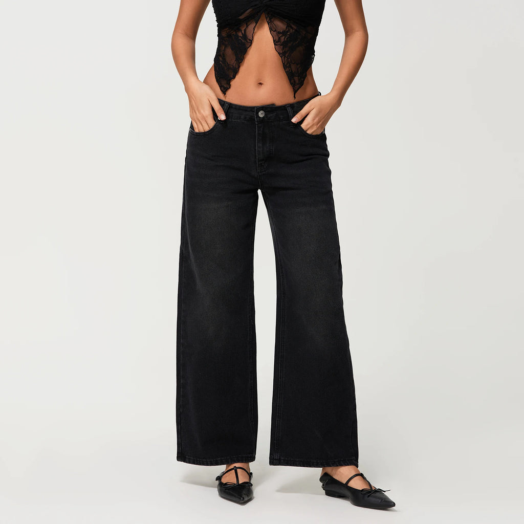 Jeans da donna a vita bassa, gamba larga e ampia in denim – Colore uniforme stile primaverile