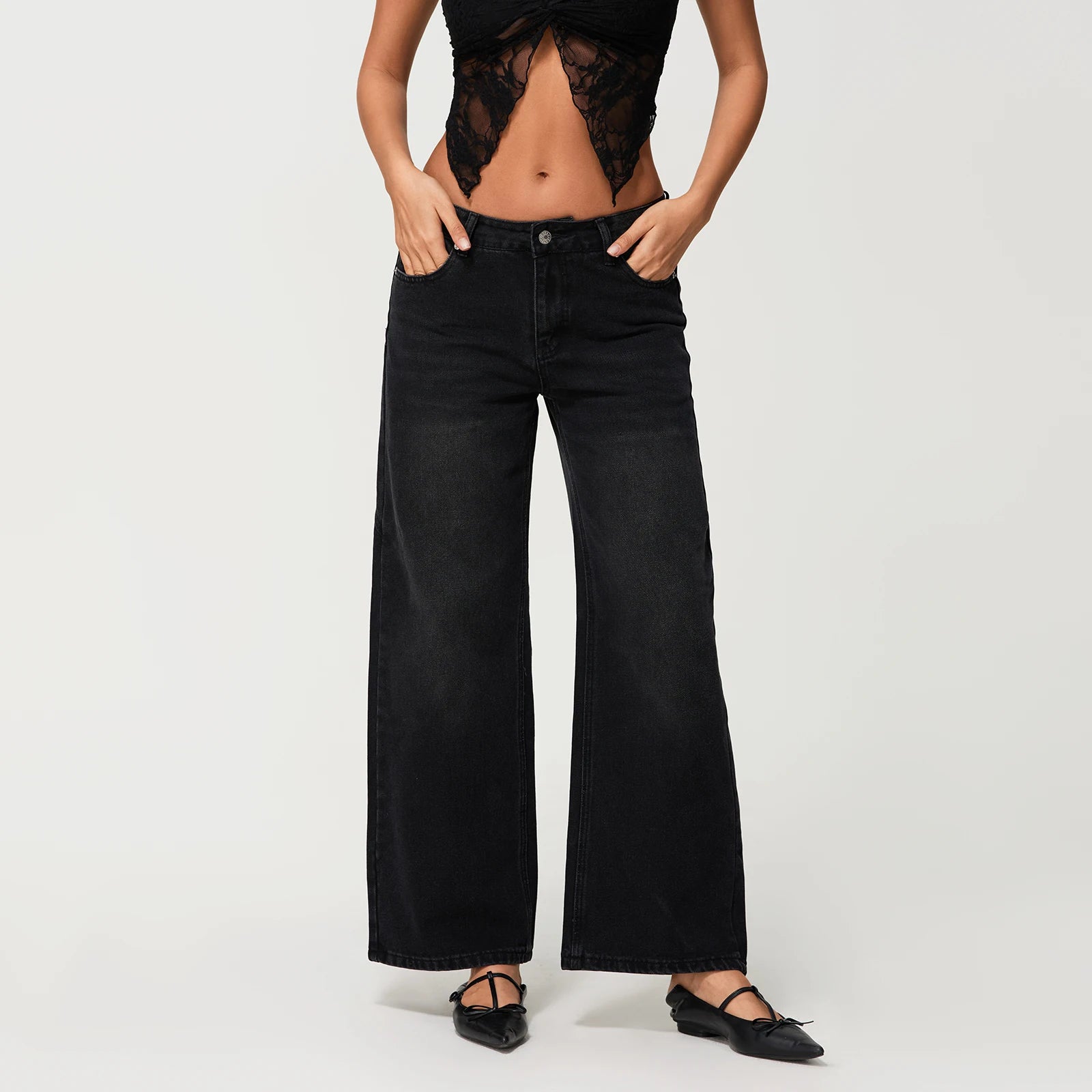 Women’s Low-Rise Wide-Leg Loose Denim Jeans – Solid Colour Spring Style