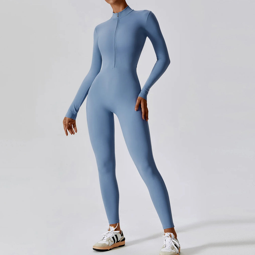 Women’s Slim Fit Jumpsuit Long Sleeve Zip Front Casual Outfit-HighTouch
