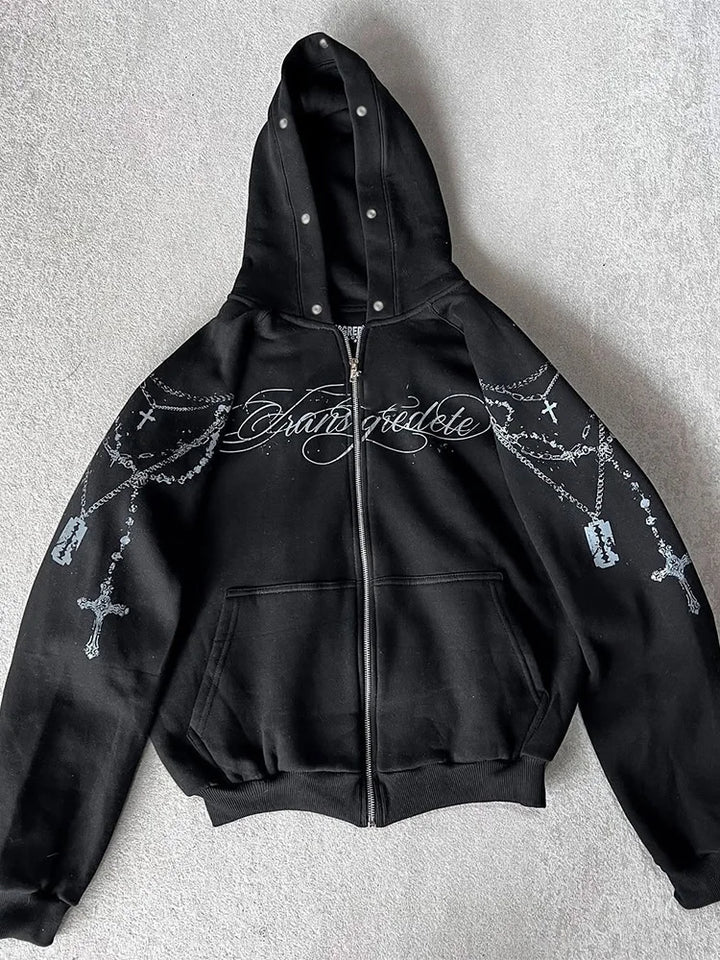 Winter Fashion Streetwear Women's Gothic Punk Faux Fur Hooded Jacket With Cross Print Trendy Edgy Zip - Up Sweatshirt