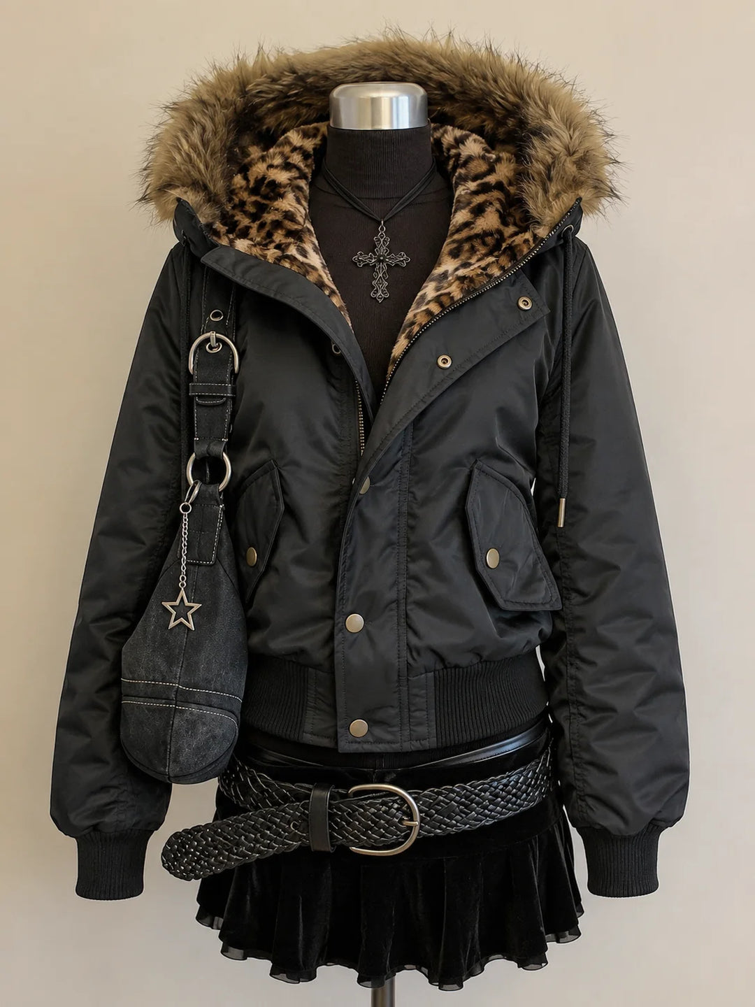 Winter Faux Fur Hood Jacket Women Y2K Vintage Gothic Parka