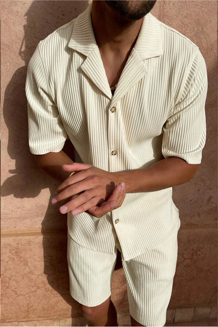 Men’s Corduroy Beach Casual Set – Short Sleeve Shirt & Shorts-HighTouch