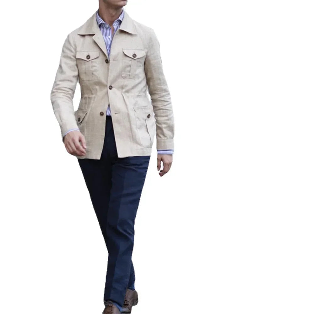 Retro British Linen Safari Jacket for Men-HighTouch