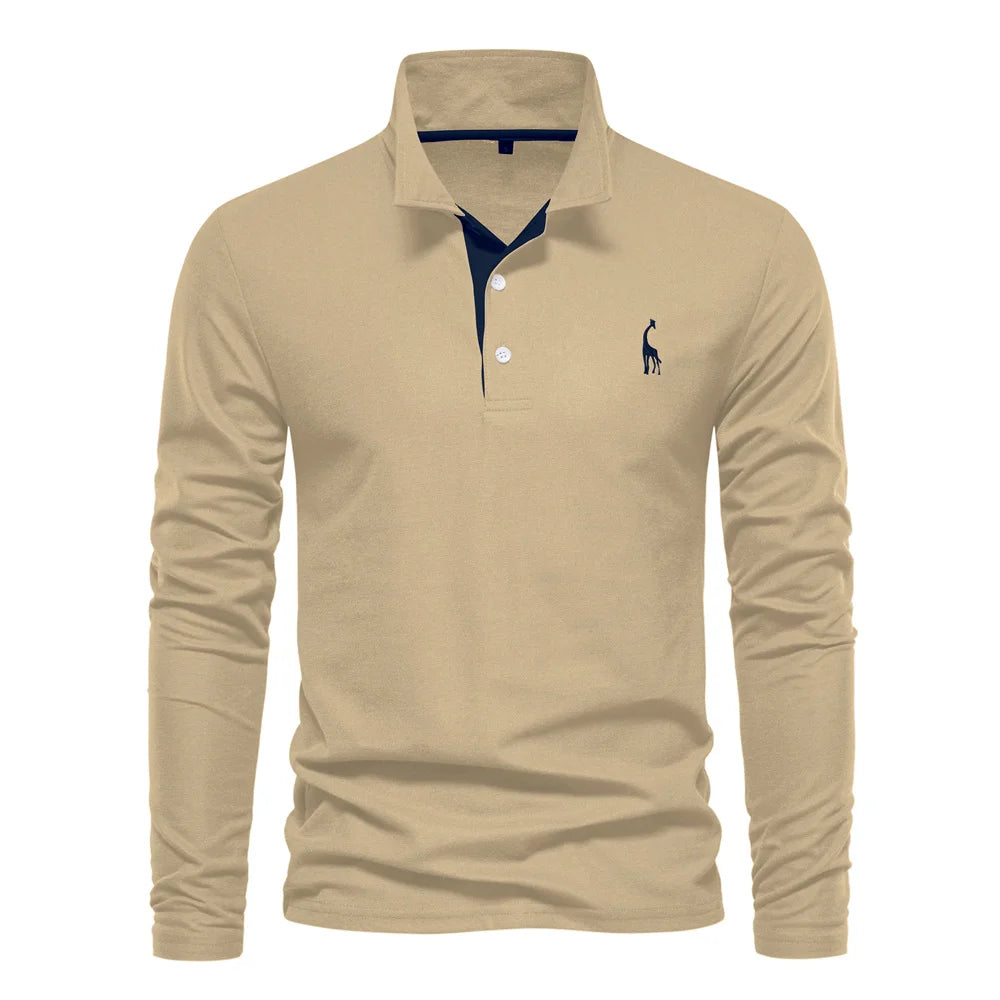 Men’s Deer-Embroidered Long Sleeve Polo-HighTouch