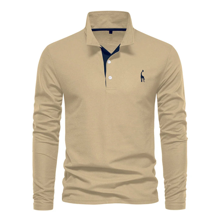 Men’s Deer-Embroidered Long Sleeve Polo-HighTouch
