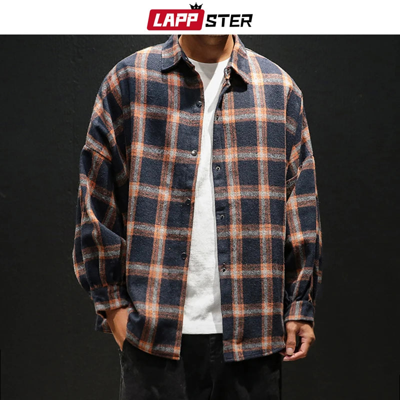 Oversized Vintage Plaid Shirt Men – Thick Long-Sleeve Streetwear Blouse