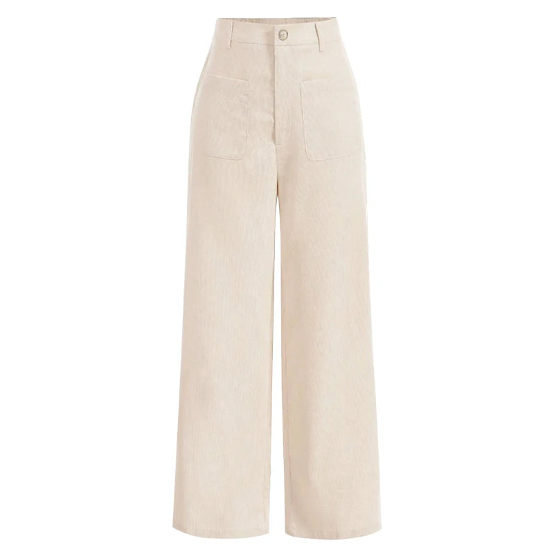 All-Season High Waist Wide-Leg Trousers for Women – Button Front & Pockets-HighTouch