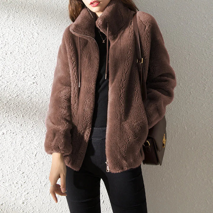 Women’s Coral Fleece Winter Coat – Warm Plush Zip Jacket-HighTouch