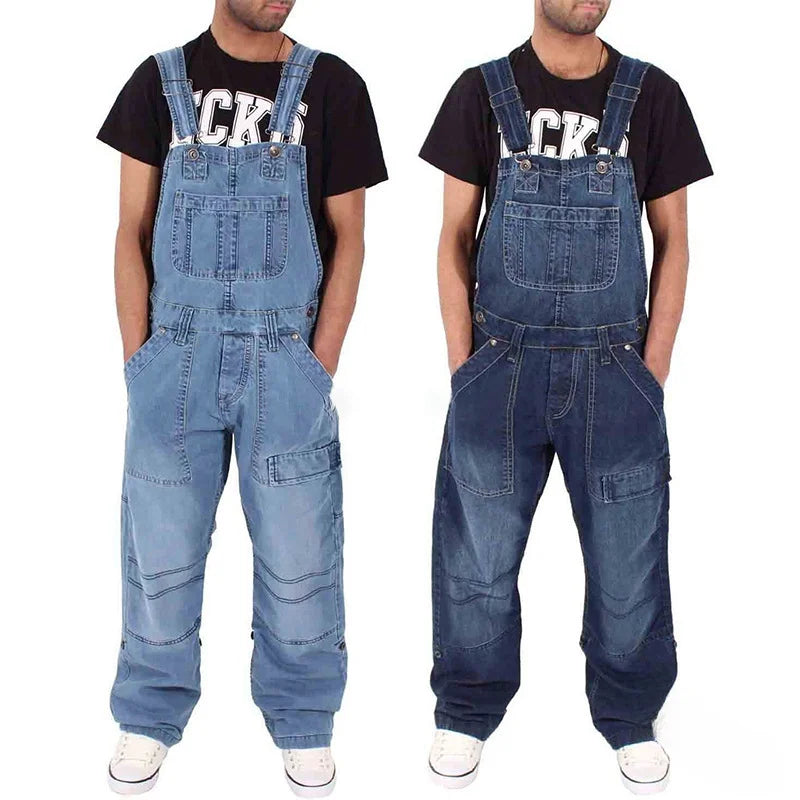 Men’s Baggy Denim Overalls Jumpsuit – Multi-Pocket Washed Suspenders