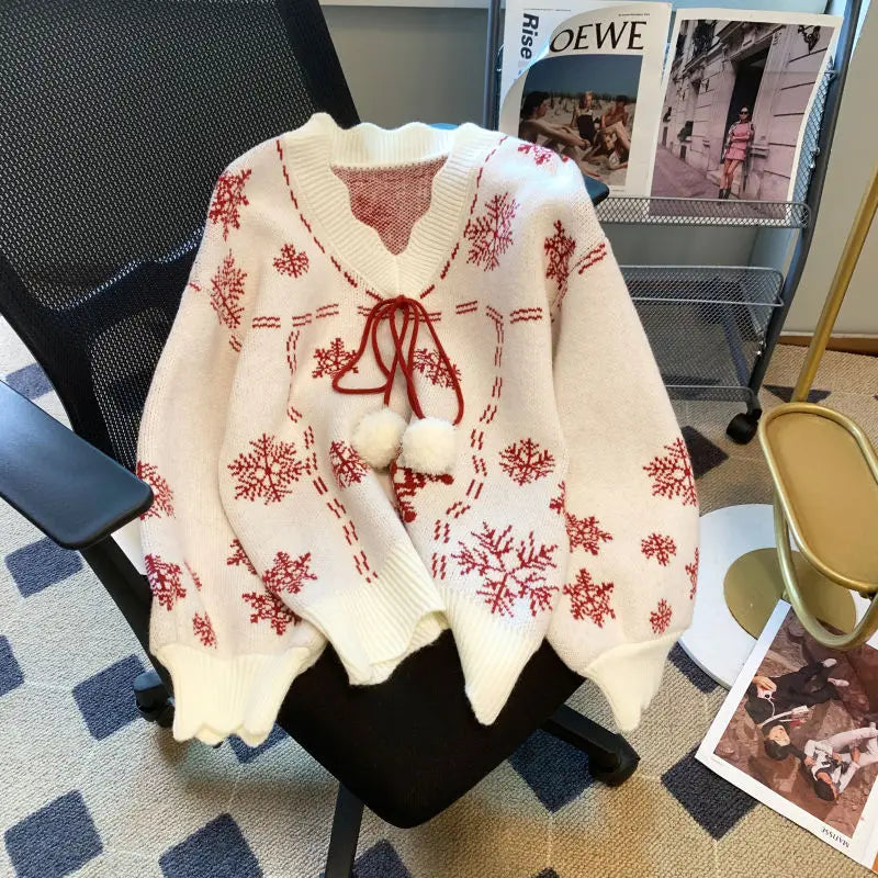 Women's V-Neck Pom-Pom Tie Christmas Sweater