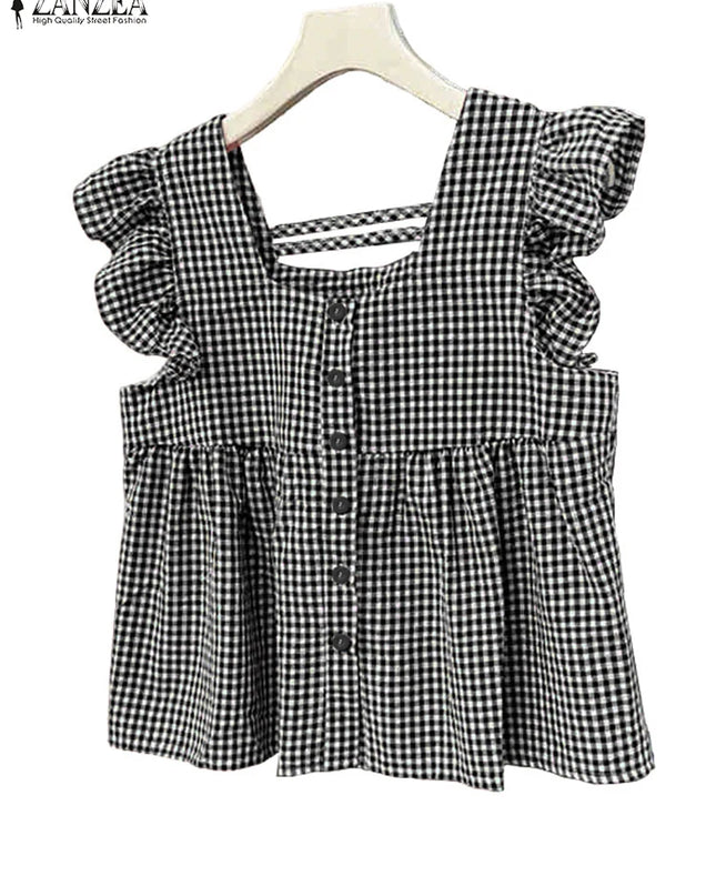 Plaid Ruffle Sleeveless Tunic – Women’s Summer Square Neck Camisole