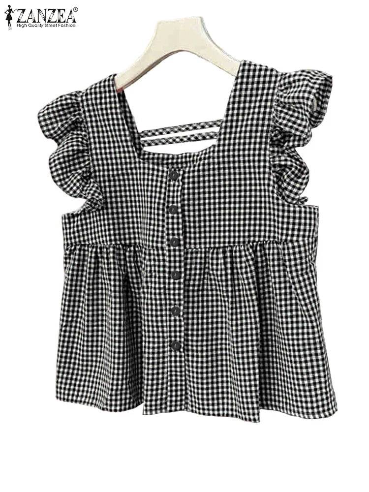 Tunica senza maniche con volant a quadri – Canottiera estiva da donna con scollo quadrato