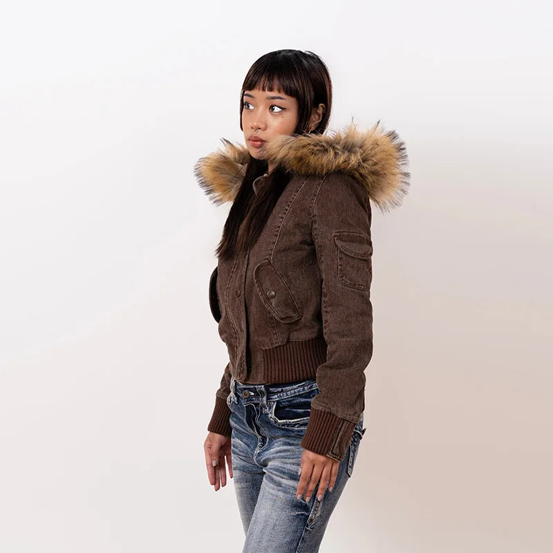 Winter Jacket Women Brown Short Hooded Detachable Fur Collar