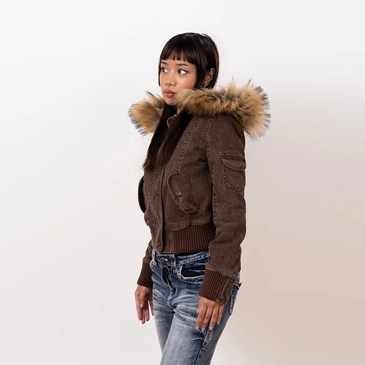 Winter Jacket Women Brown Short Hooded Detachable Fur Collar