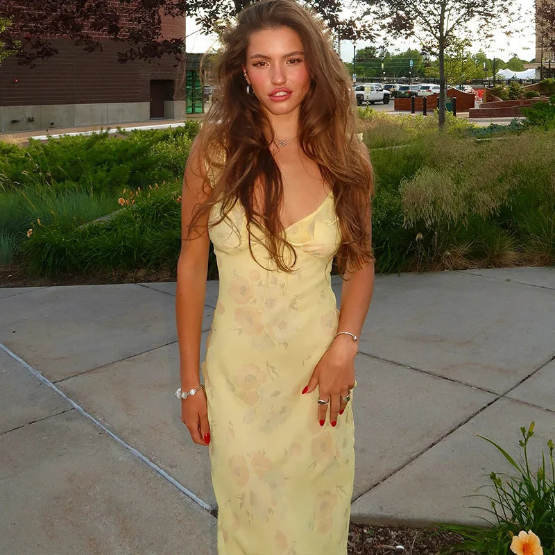 Floral Plunge Backless Maxi Dres-HighTouch