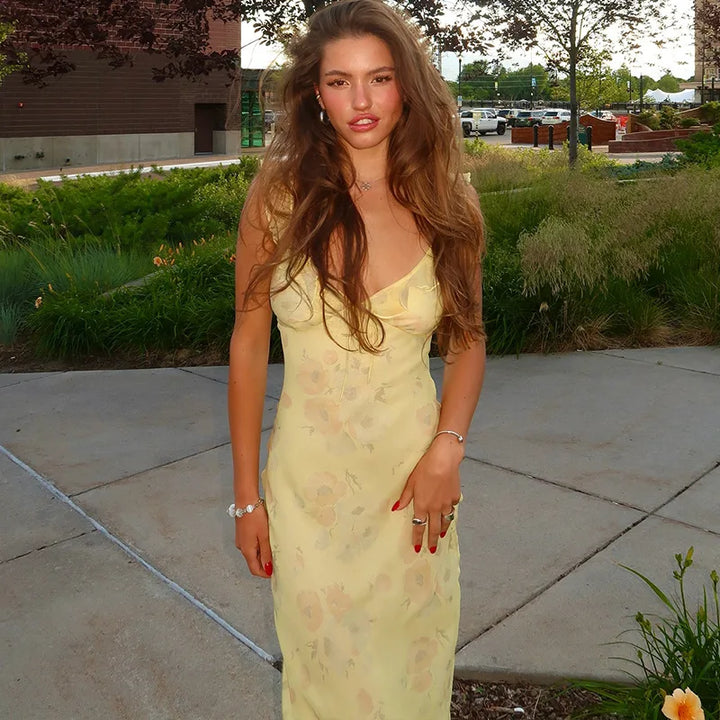 Floral Plunge Backless Maxi Dres-HighTouch