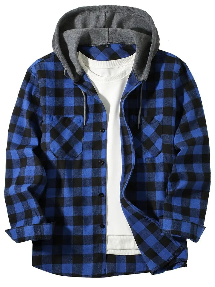 Men's Hooded Plaid Flannel Shirt - Slim Fit Shacket Jacket