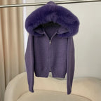 Women’s Hooded Knit Cardigan with Real Fox Fur – Casual Short Coat-HighTouch