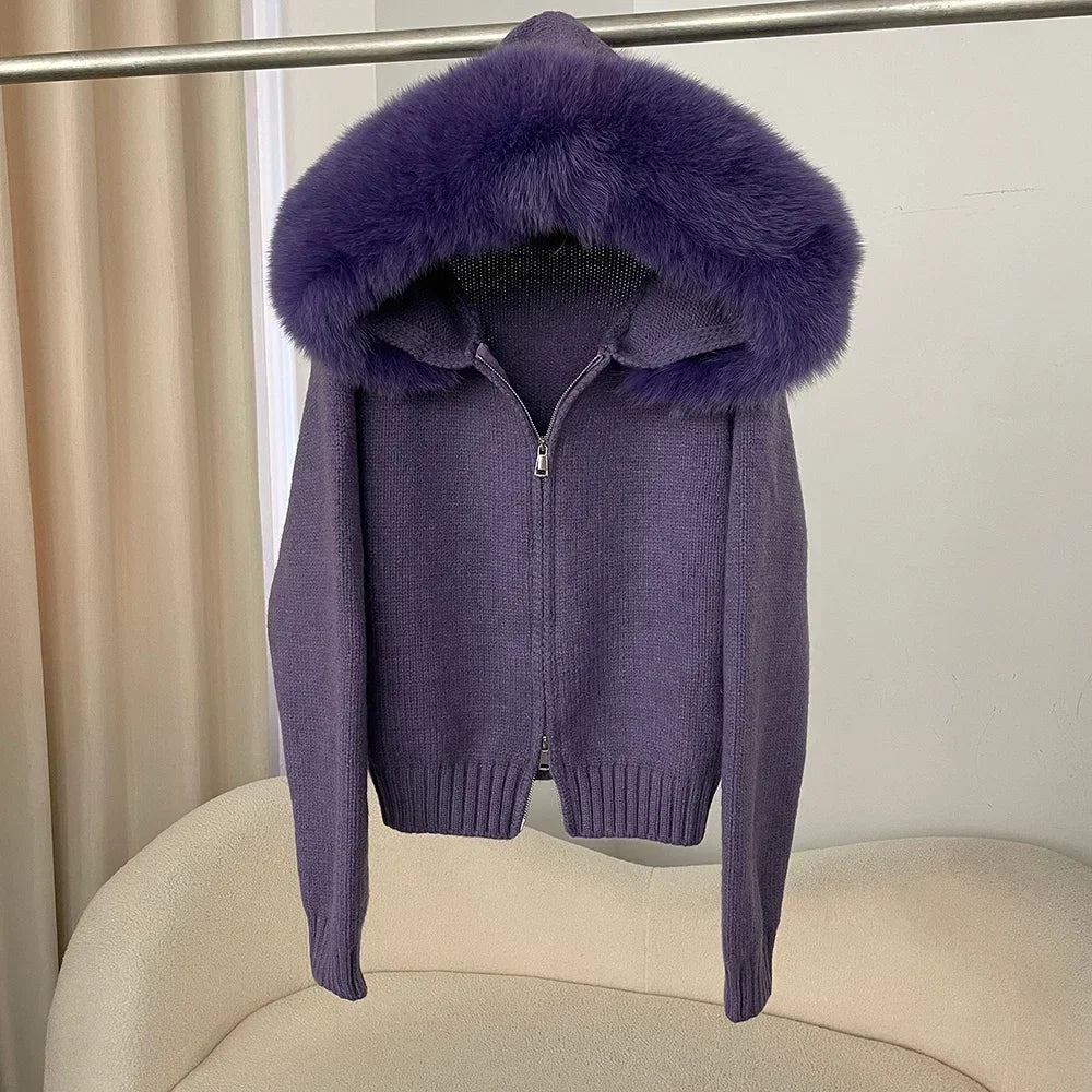 Women’s Hooded Knit Cardigan with Real Fox Fur – Casual Short Coat-HighTouch