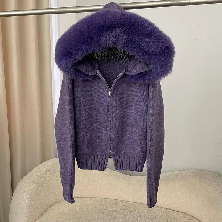 Women’s Hooded Knit Cardigan with Real Fox Fur – Casual Short Coat-HighTouch