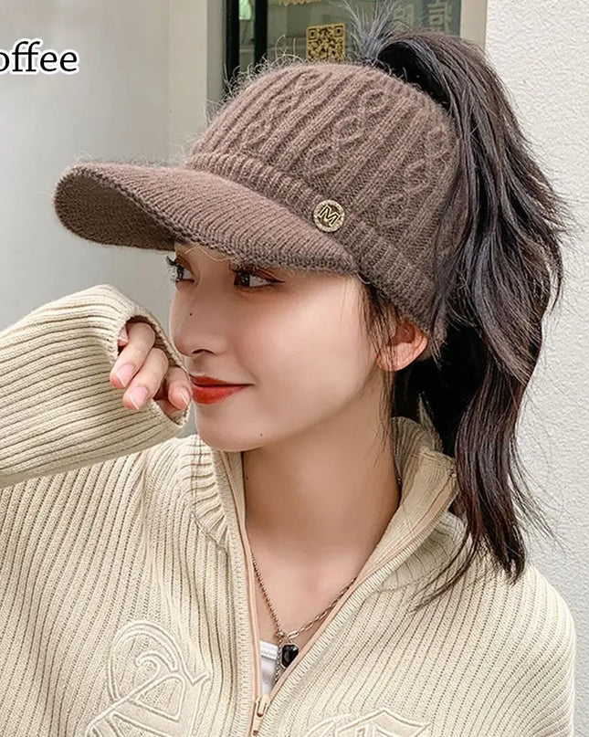 Rabbit Fur-Lined Knit Beanie with Open Top
