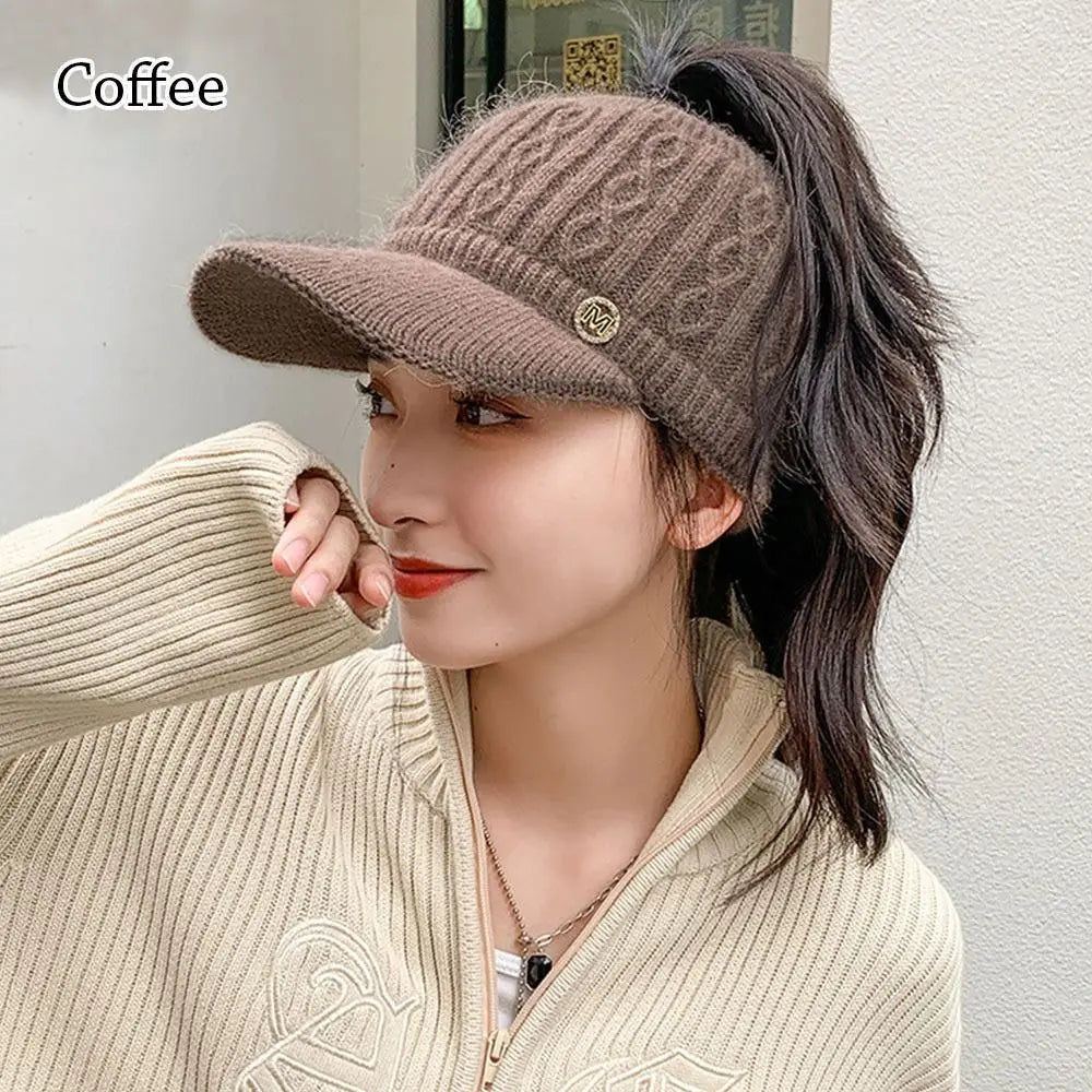 Rabbit Fur-Lined Knit Beanie with Open Top-HighTouch