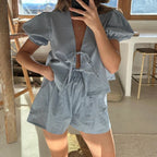 Vintage Plaid Puff-Sleeve Tie-Front Top & High-Waist Shorts Set-HighTouch