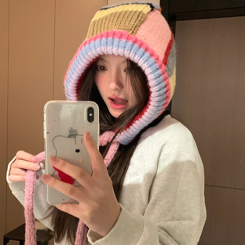 Color-Blocked Striped Warm Earmuffs for Women