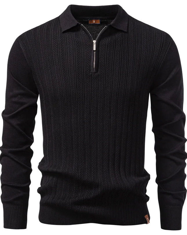 Premium Textured Zip-Collar Polo – Slim Fit Long Sleeve Men’s Business Casual
