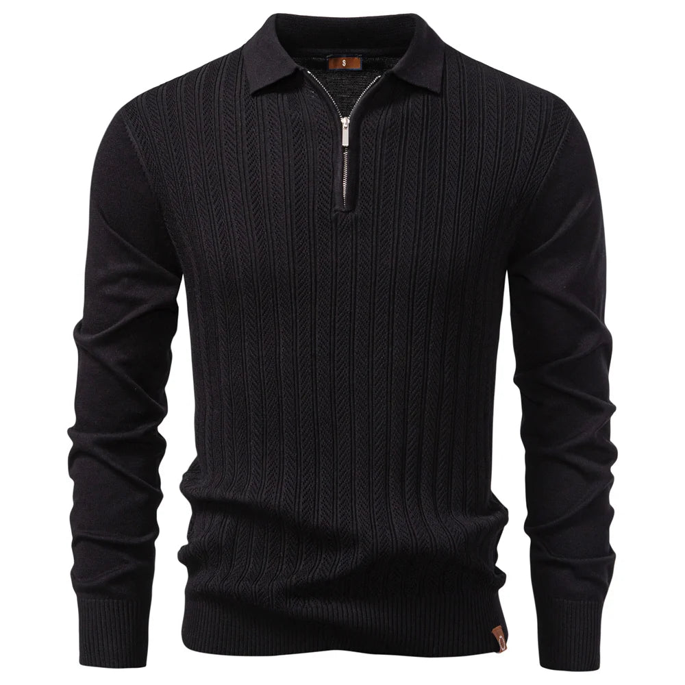 Premium Textured Zip-Collar Polo – Slim Fit Long Sleeve Men’s Business Casual-HighTouch